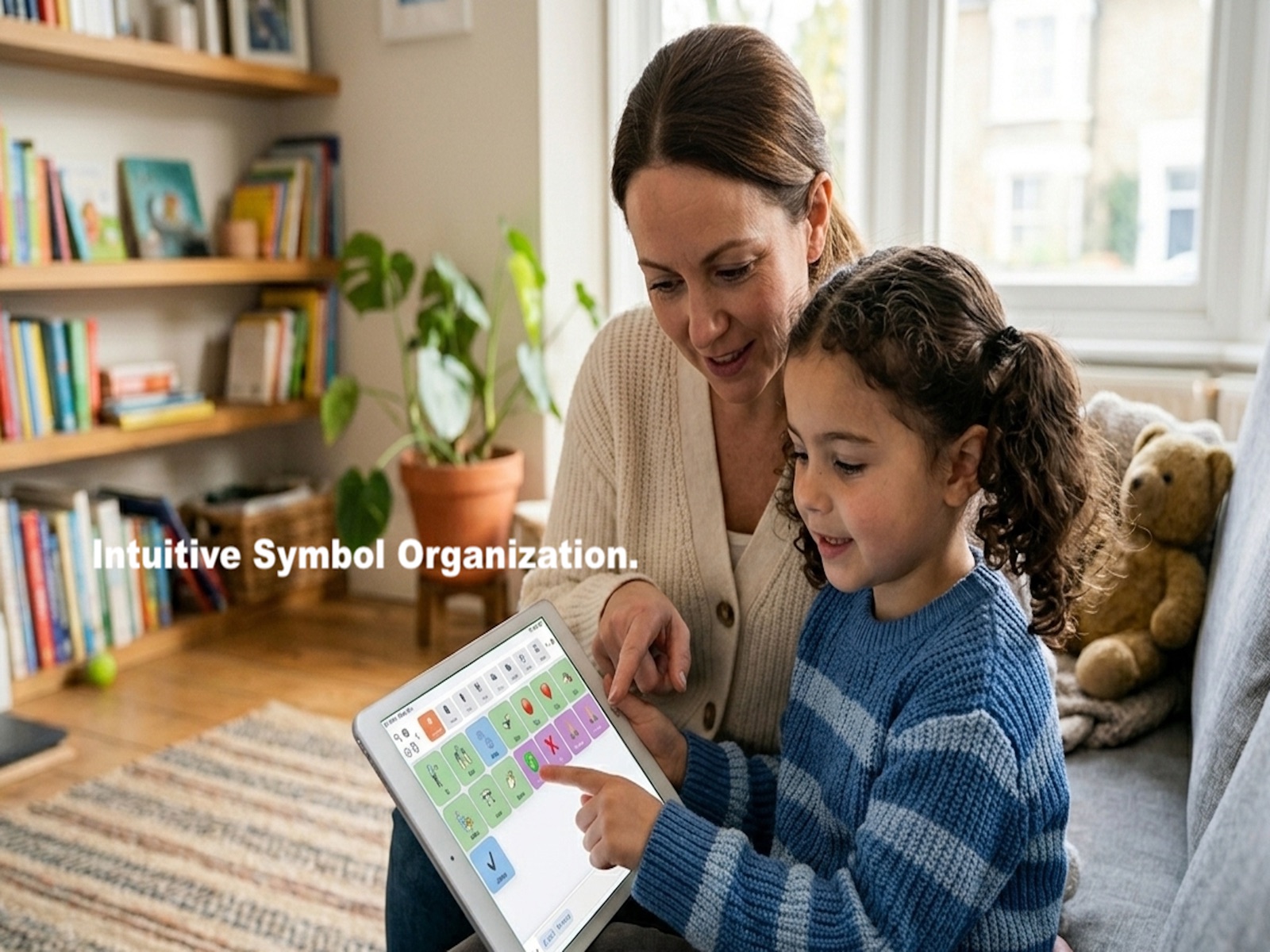 A caregiver and child organizing symbols together in Verbo Speak